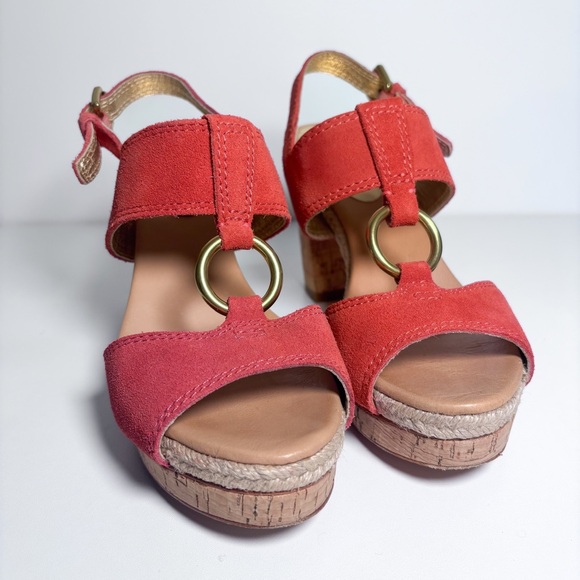 Coach Shoes - Coach Valeann Coral Suede Cork Platform Heeled Slingback Sandals Size 6.5B